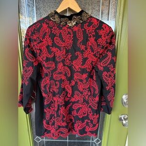 Chico’s Jacket Sz 1 Black Red Embroidered Floral gold Beads 3/4 length sleeves